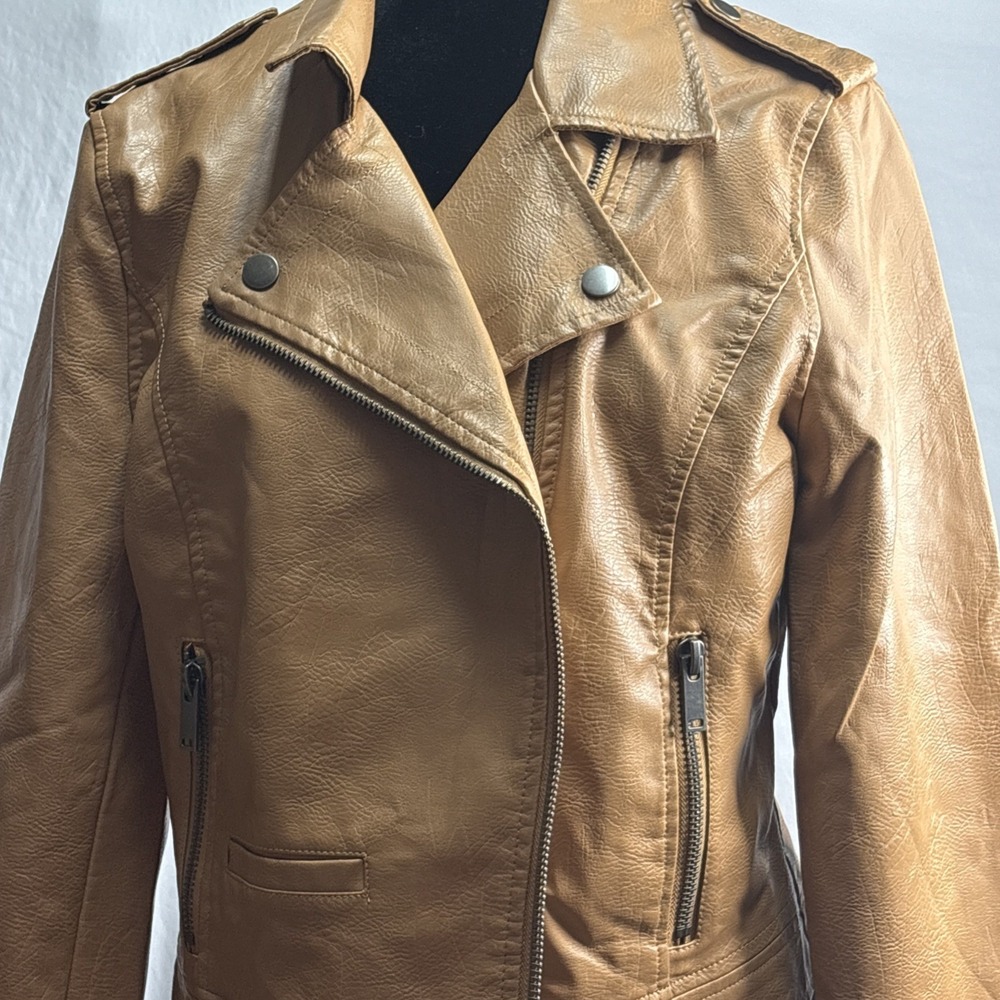NewAeropostale Faux Light Brown‎ Leather Moto Jacket Size L - Picture 2 of 11